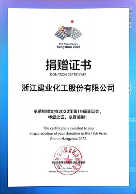 撑持第19届亚运会捐献证书